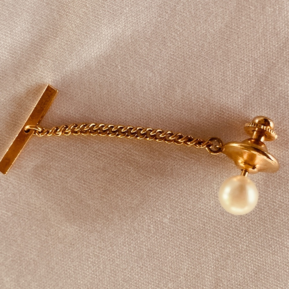 Cultured Pearl Tie Tack Goldtone PERFECT Wedding Special Occasion